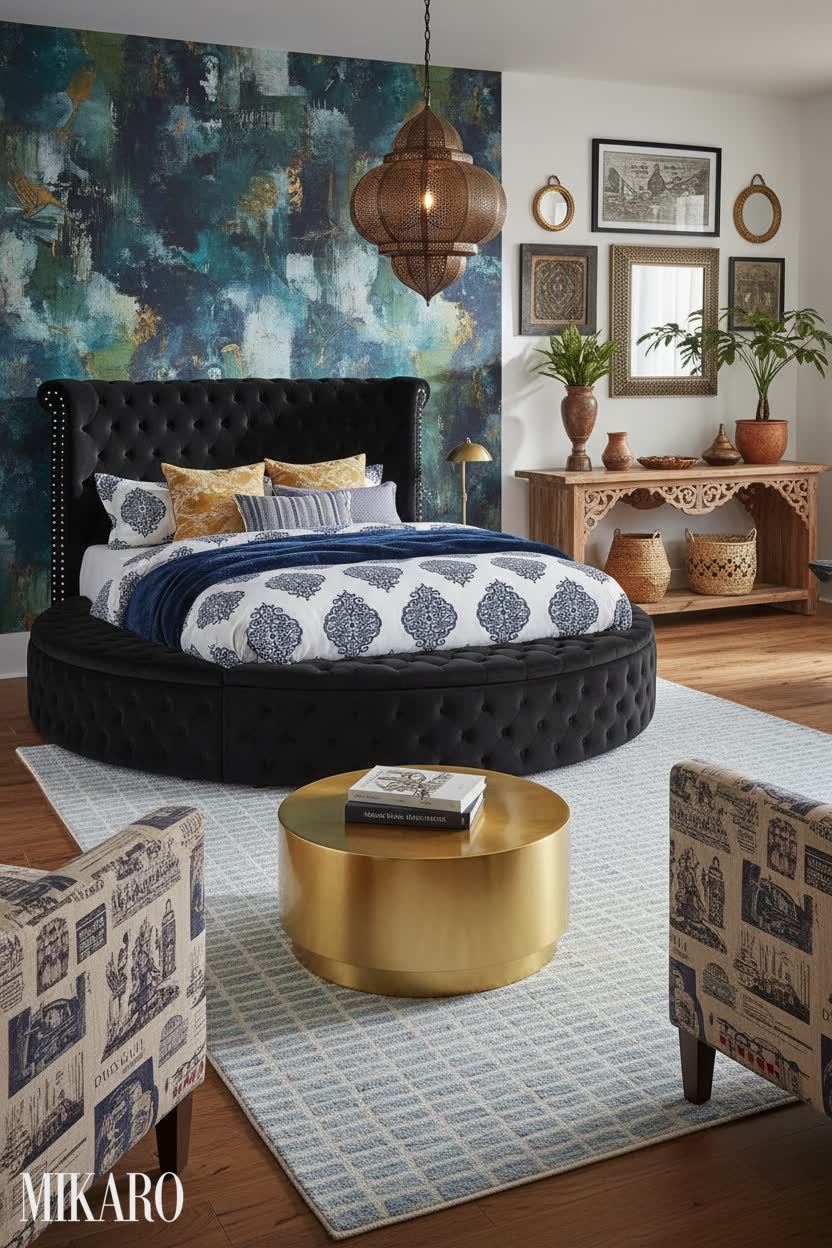 Global Fusion Bedroom Oasis: Velvet Tufted Round Bed, Gold Coffee Table & Blue Wool Rug