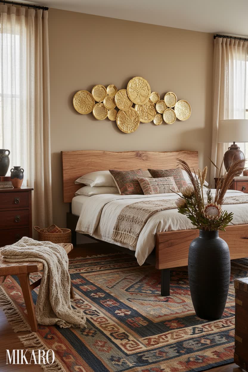 Global Fusion Bedroom Retreat: Live-Edge Bed, Sculptural Vase & Gold Wall Art