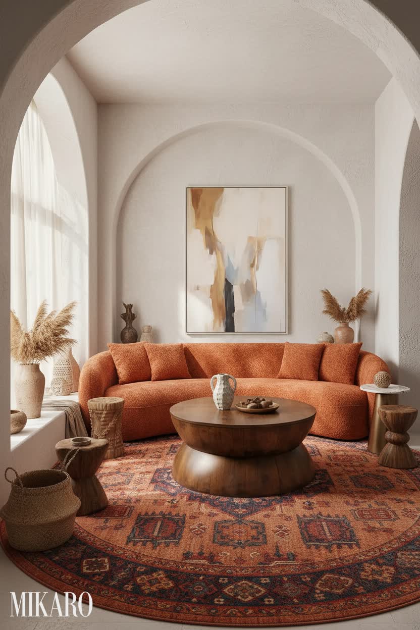 Global Fusion: Cozy Conversation Pit with Boho Art & Curved Sofa