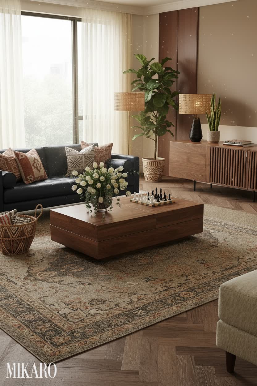 Global Fusion Living: Expandable Coffee Table, Enamel Vase & Leather Sofa Decor Ideas
