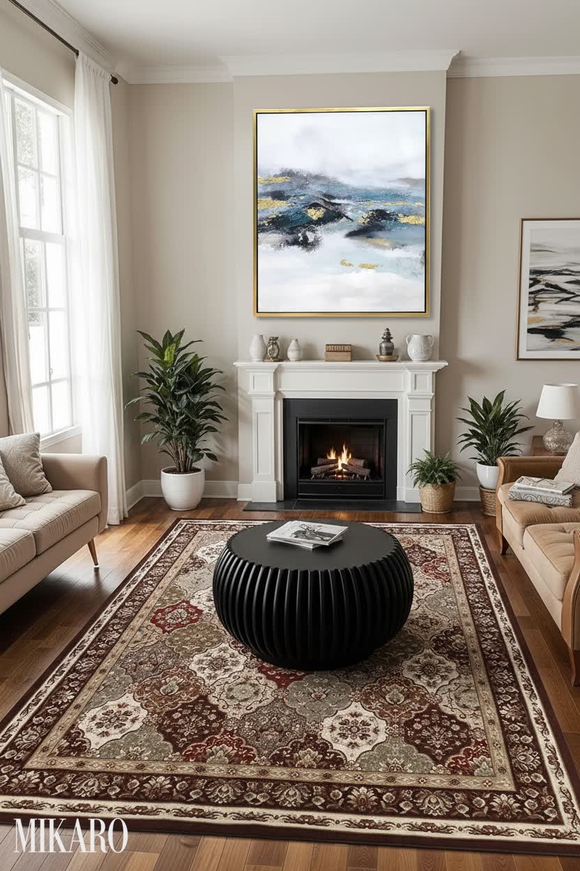 Global Fusion Living Room Decor: Floral Rug, Abstract Art & Fluted Coffee Table Design Ideas