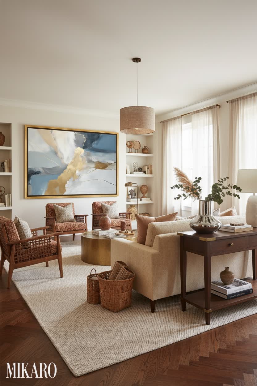 Global Fusion Living Room Decor with Abstract Art, Neutral Rug & Koppel Vase