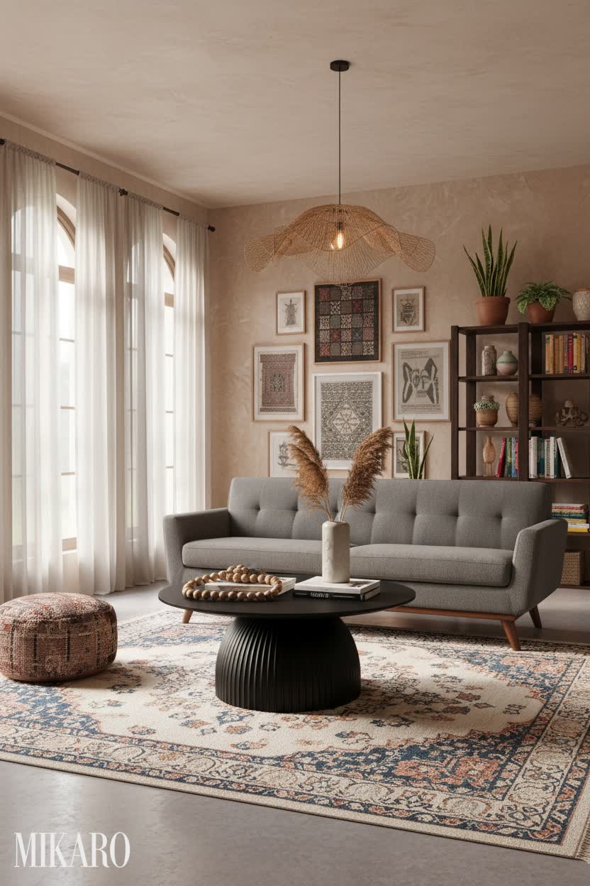 Global Fusion Living Room: Earthy Tones & Mid-Century Comfort