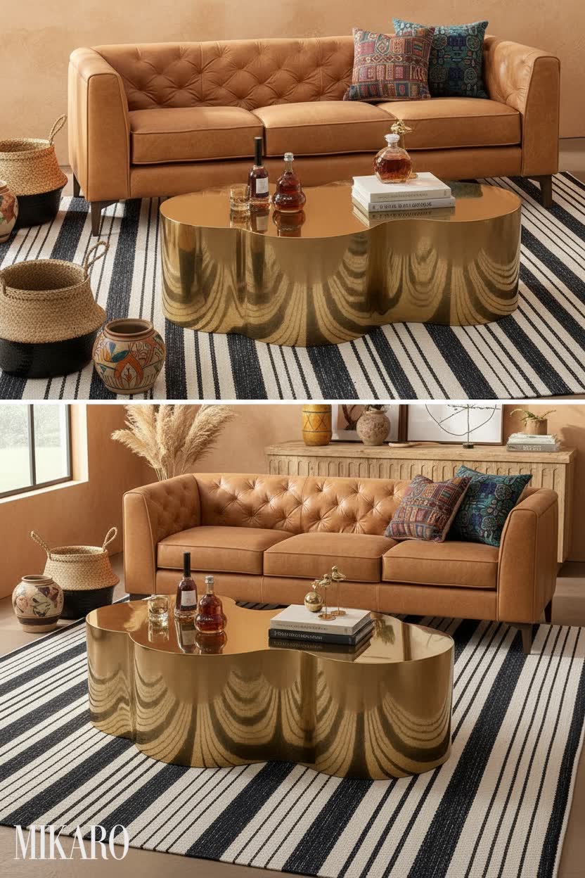 Global Fusion Living Room: Luxury Leather Sofa, Gold Coffee Table & Striped Rug Decor Ideas