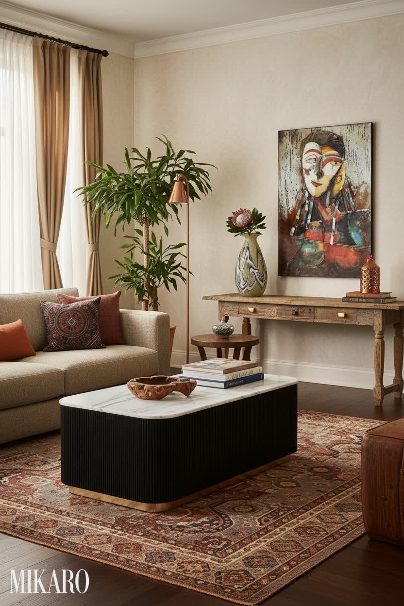 Global Fusion Living Room: Marble Coffee Table, Murano Vase & Bold Wall Art