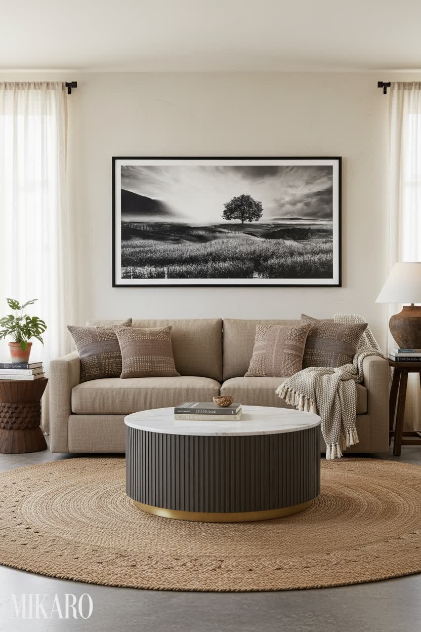 Global Fusion Living Room: Marble & Wood Coffee Table, Rustic Lamp, and Black & White Wall Art