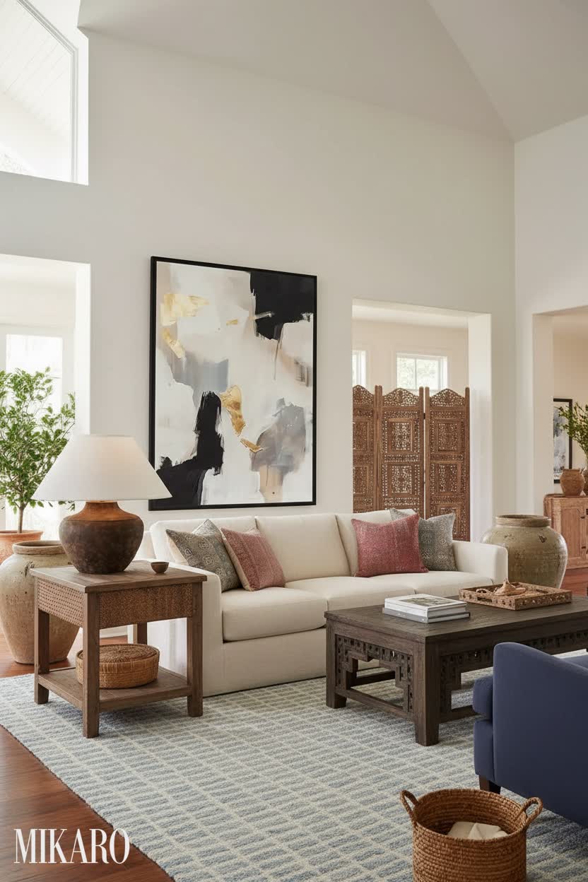 Global Fusion Living Room: Modern Bohemian Decor with Luxury Rug & Abstract Art