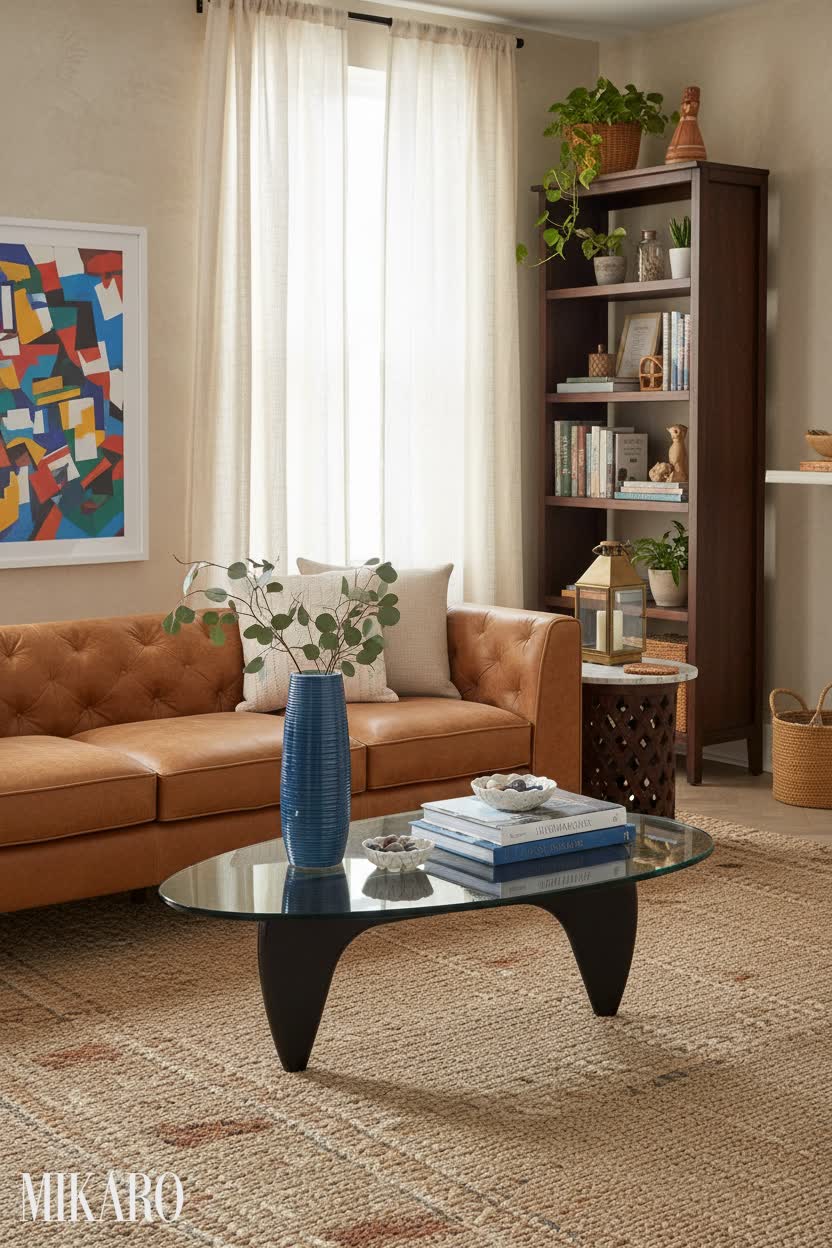 Global Fusion Living Room: Modern Coffee Table, Ceramic Vase & Leather Sofa Decor Ideas