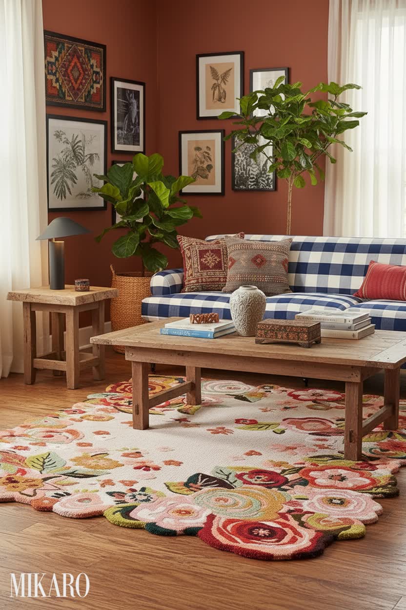 Global Fusion Living: Vibrant Floral Rug, Nordic Lamp & Elegant Sofa - Eclectic Interior Design