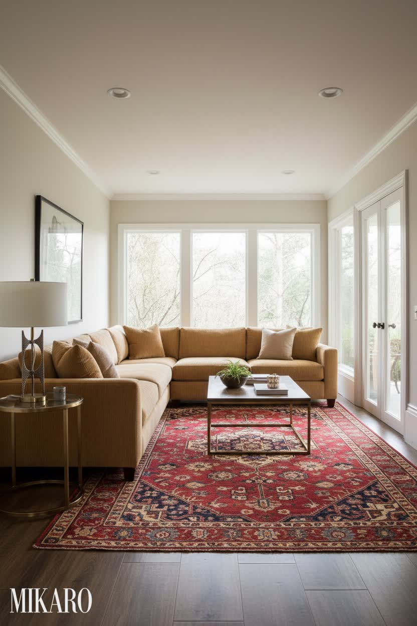 Global Fusion: Serene Alcove with Modern Sofa & Intricate Rug