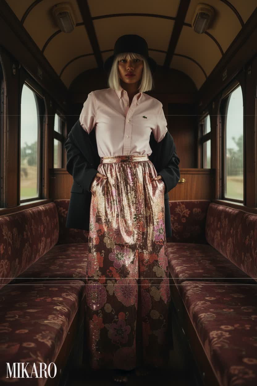 Golden Floral Maxi Skirt & Pink Oxford Shirt Ensemble