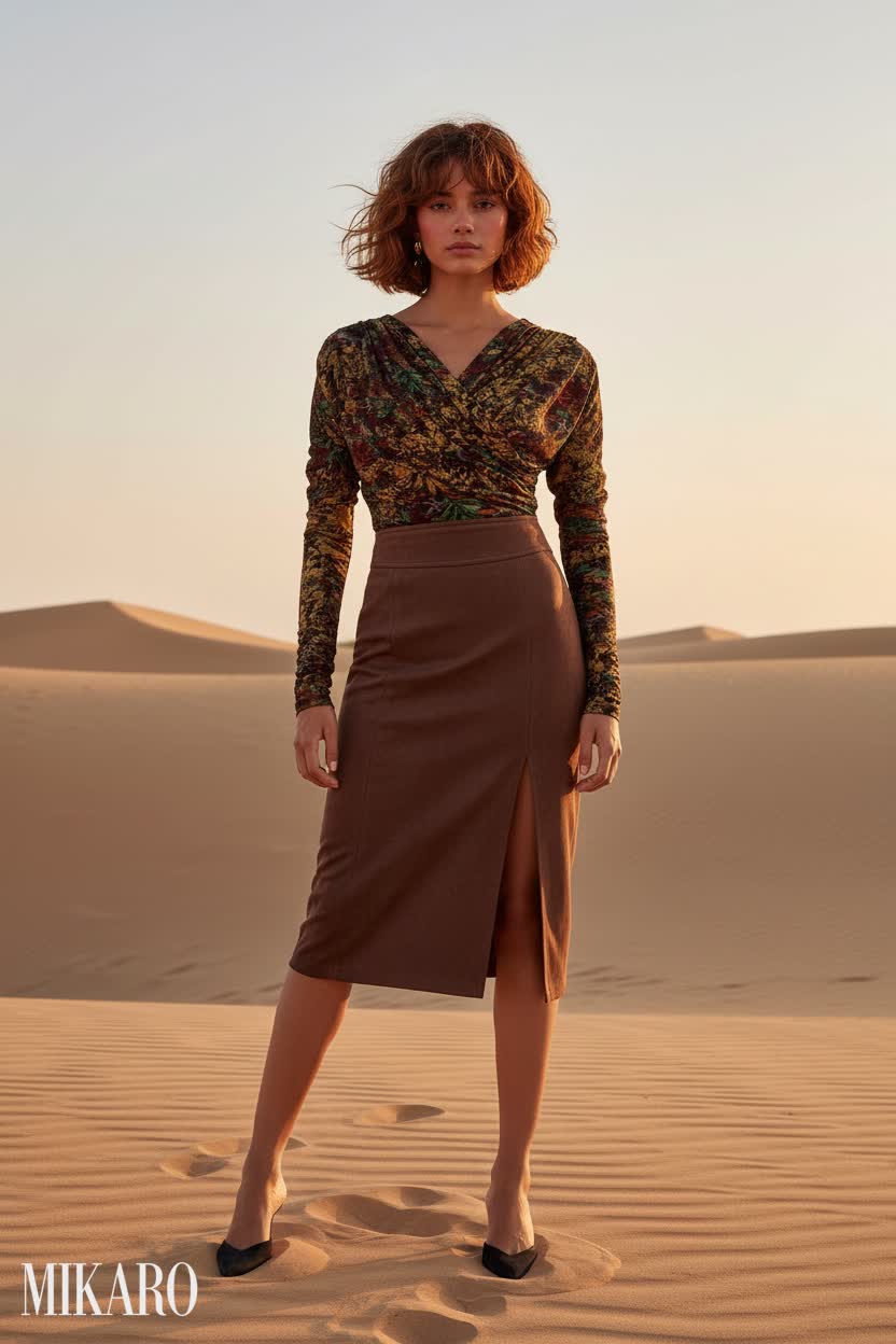 Golden Floral Top & Suede Midi Skirt Ensemble