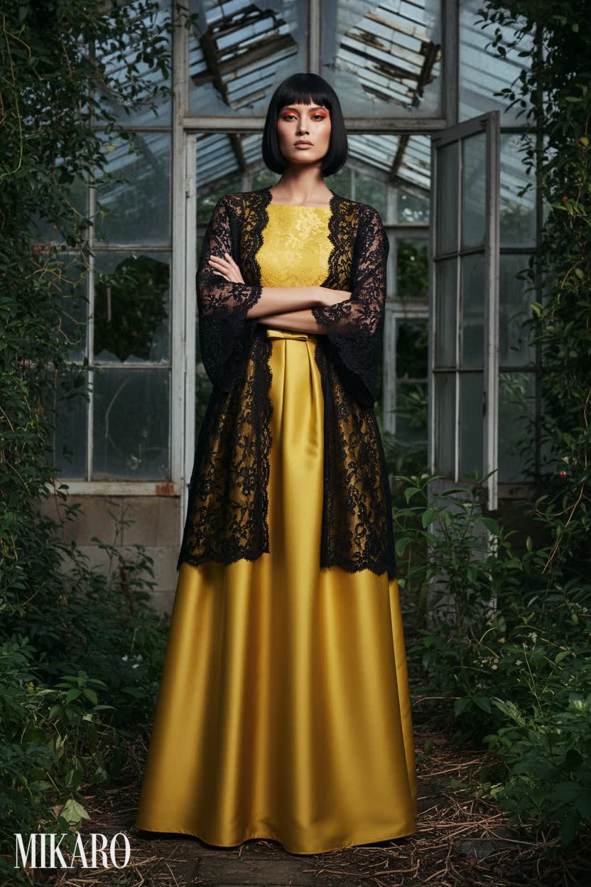 Golden Gown and Lace Shroud in Abandoned Greenhouse