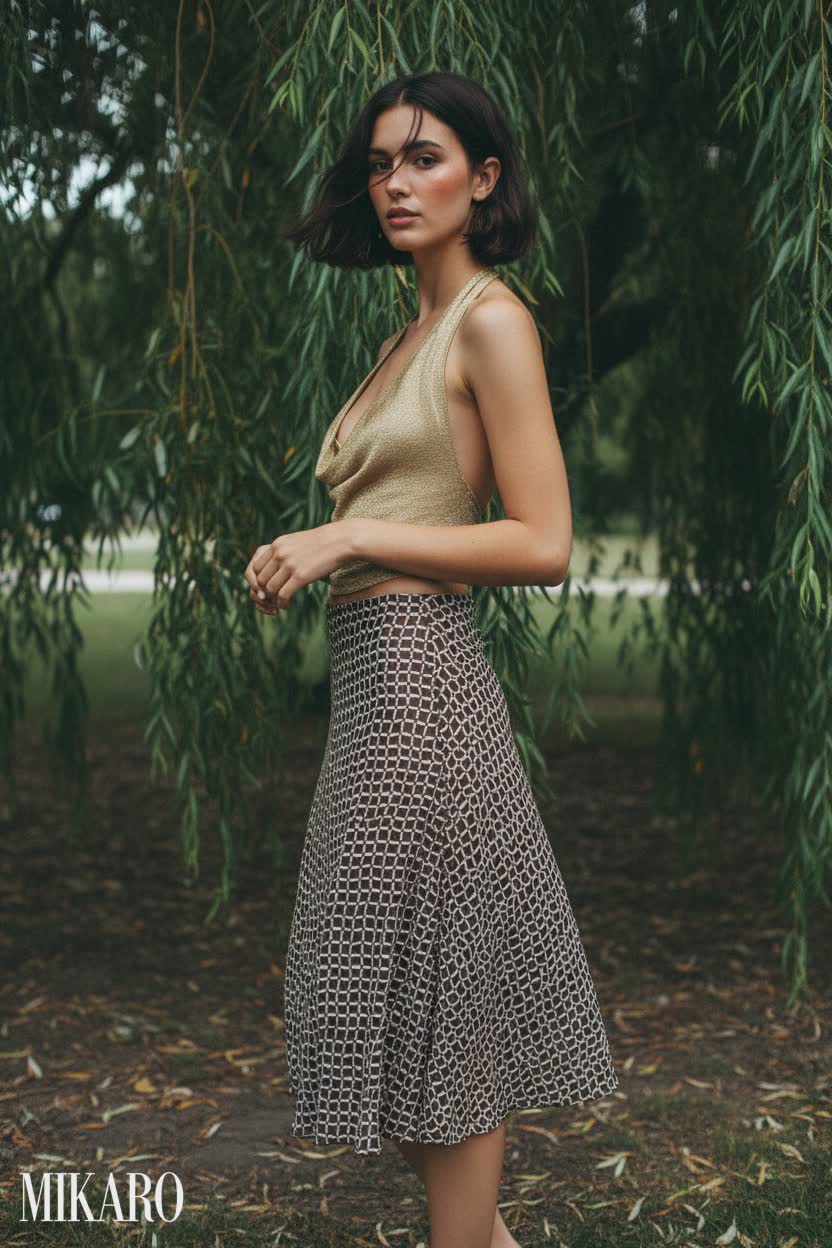 Golden halter top, geometric print skirt, espresso bob, dappled light