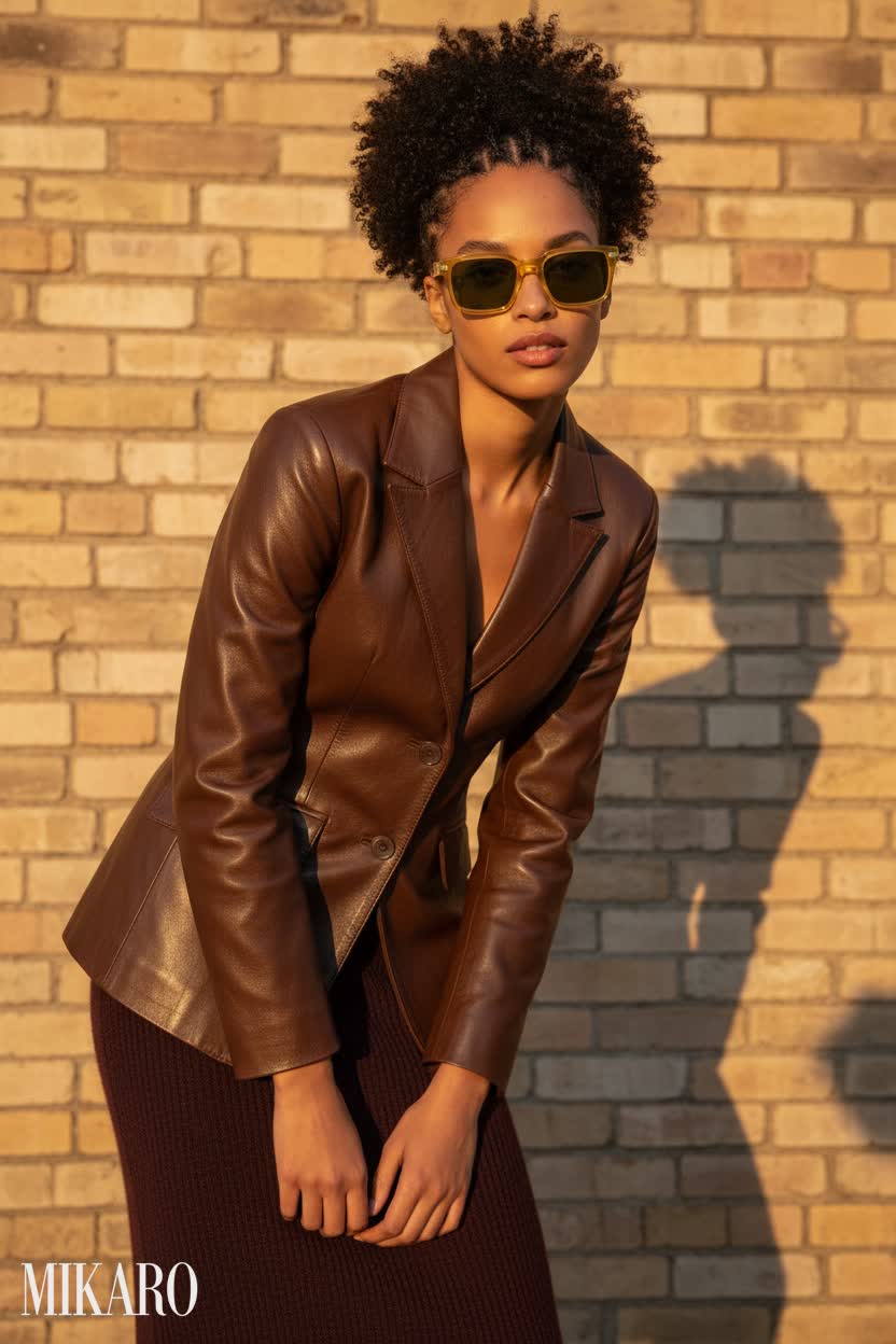 Golden Hour Chic: Leather Blazer & Knit Skirt Ensemble