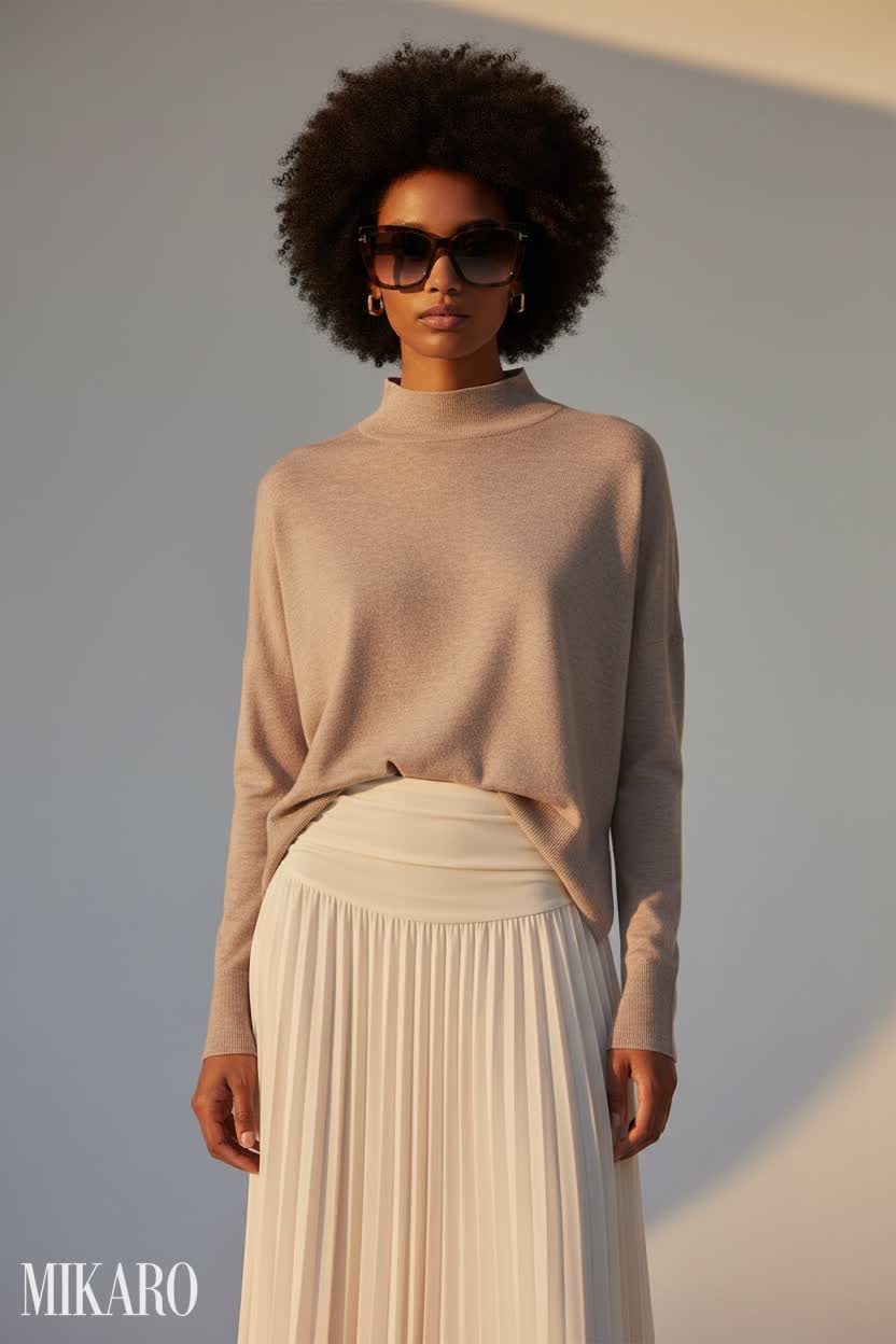 Golden Hour Elegance: Mockneck Sweater, Maxi Skirt, and Chic Sunglasses