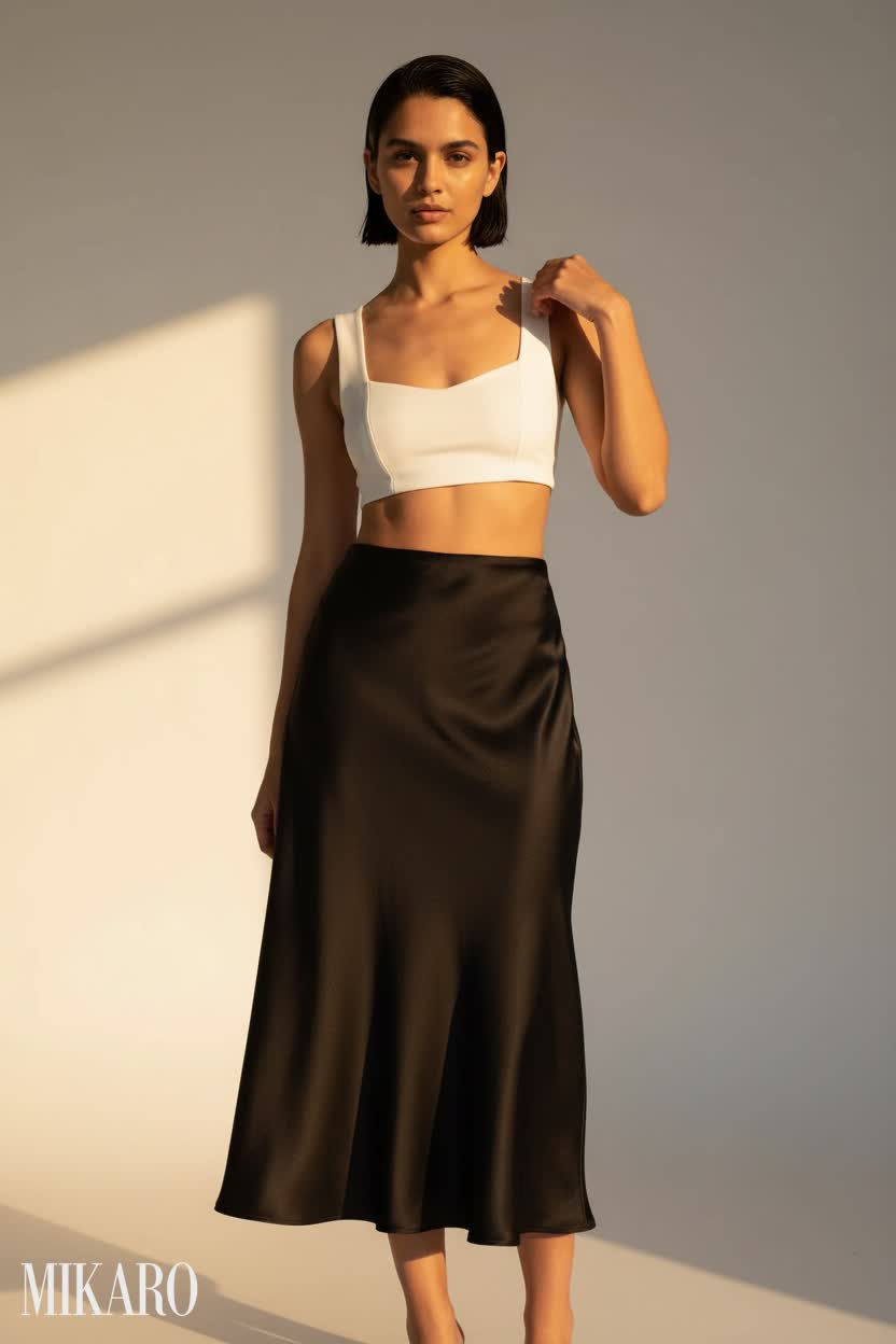 Golden Hour Elegance: White Crop Top & Black Silk Skirt
