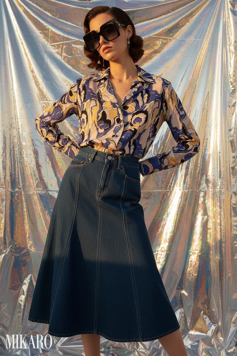Golden Hour Glam: Abstract Printed Shirt & Denim Skirt Ensemble
