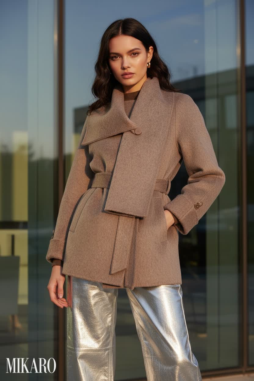Golden Hour Glam: Wool Coat and Silver Pants Ensemble