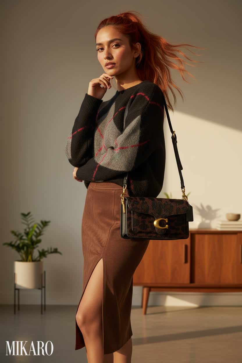 Golden Hour Glamour: Argyle and Leopard Print in a Mid-Century Modern Setting