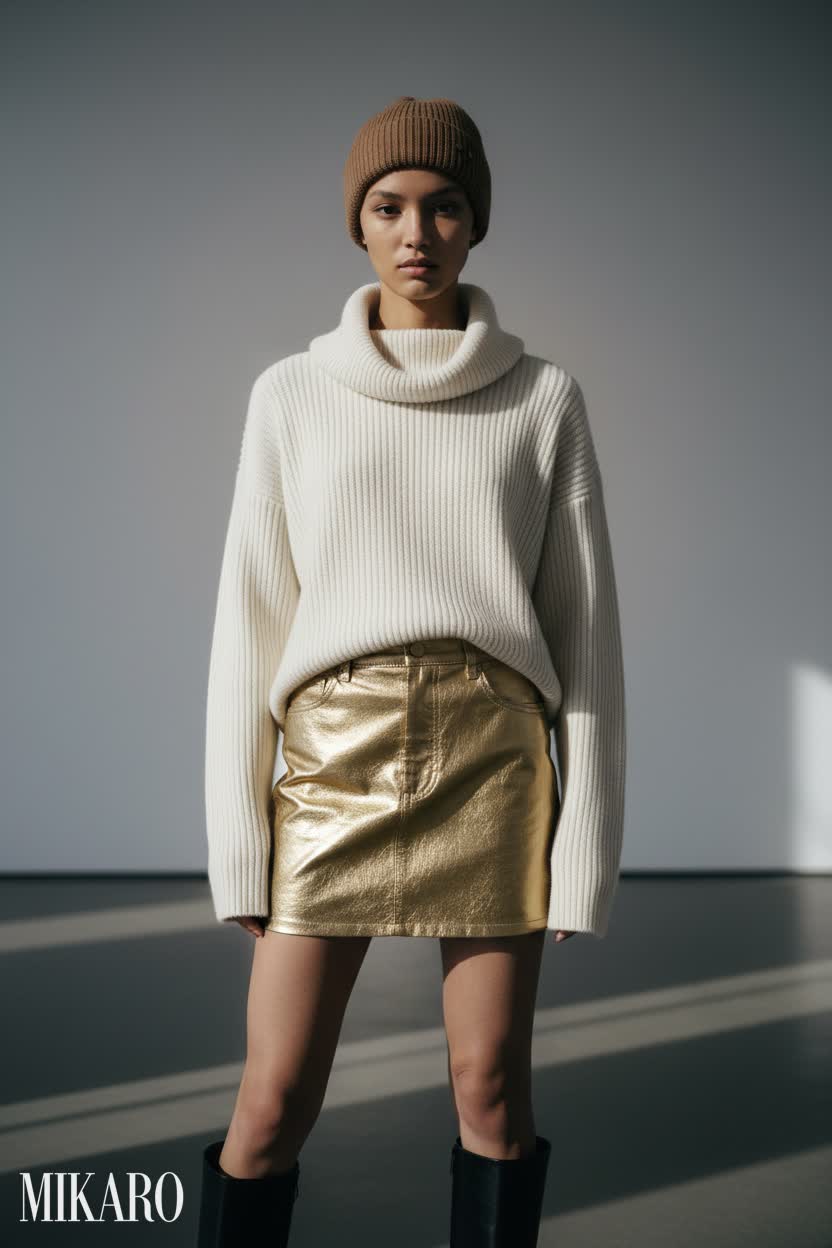 Golden Mini Skirt & Cozy Knit Look