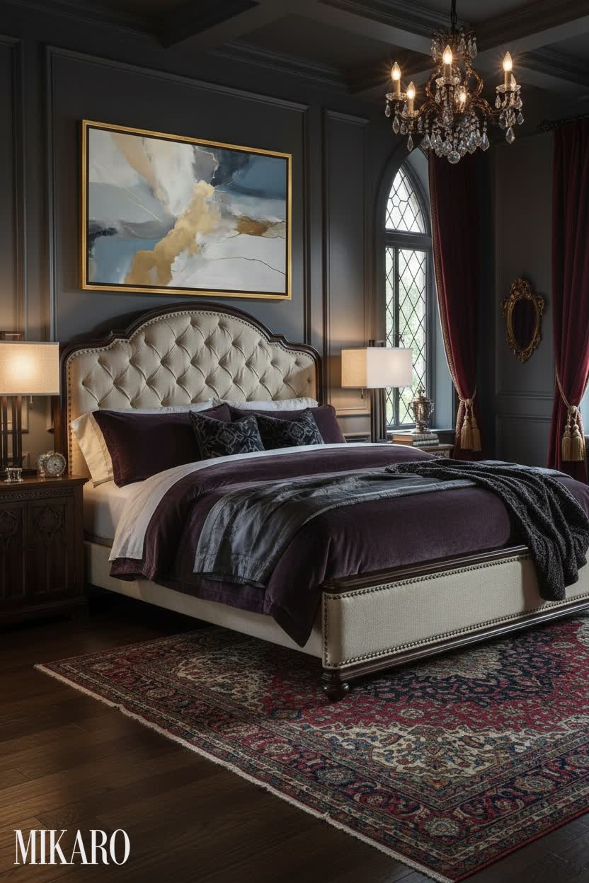 Gothic Bedroom Luxury: Tufted King Bed, Abstract Art & Modern Industrial Lighting