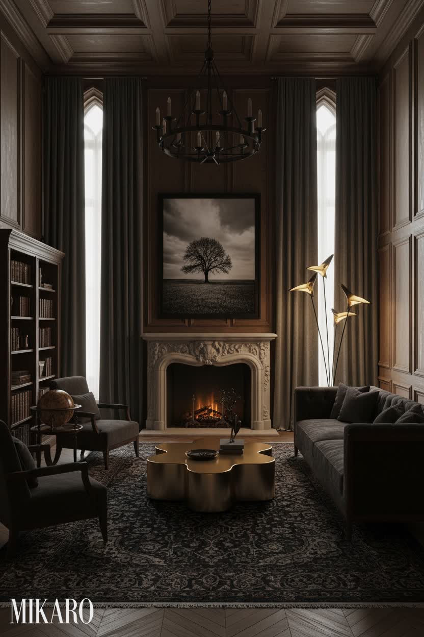 Gothic Elegance: Dark Academia Living Room with Modern Accents