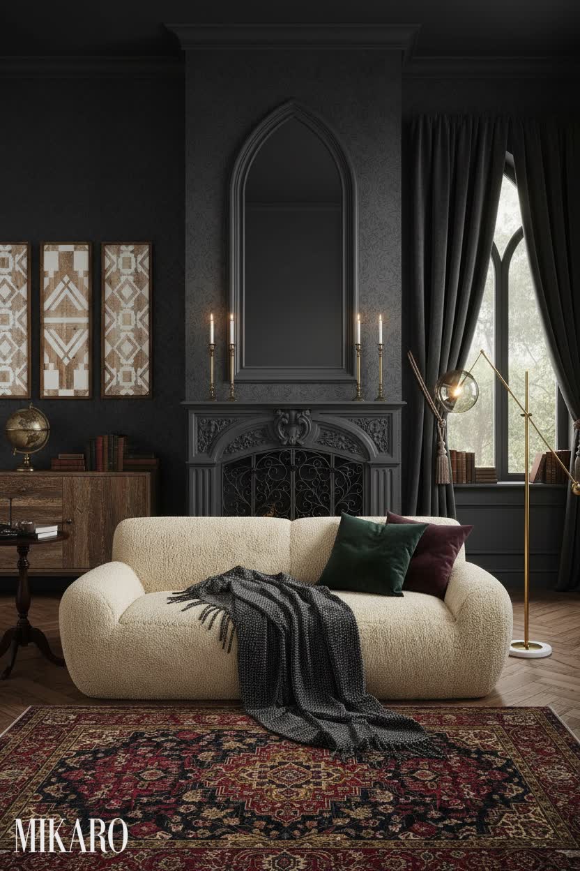 Gothic Living Room Elegance: Plush Sofa, Geometric Art, & Modern Lighting