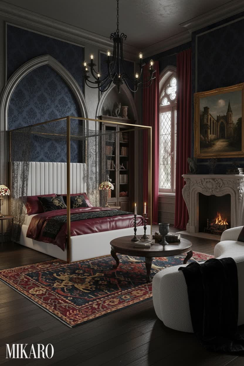 Gothic Revival Bedroom: Dramatic Luxury with Modern Faux Leather & Boucle Sofa