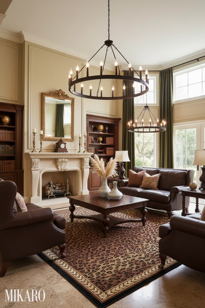 Grand Traditional Living Room Design with Wagon Wheel Chandeliers & Elegant Decor