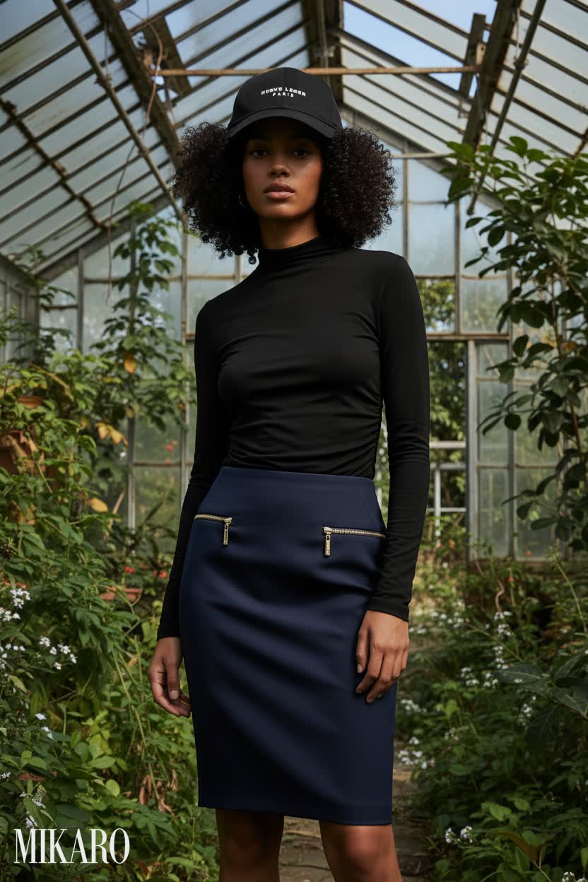 Woman in mockneck, pencil skirt, cap, overgrown greenhouse, cinematic lighting.