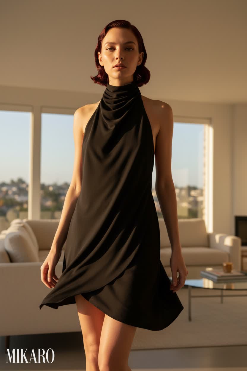 Black halter mini dress, sculpted finger waves, golden hour light, modern room.