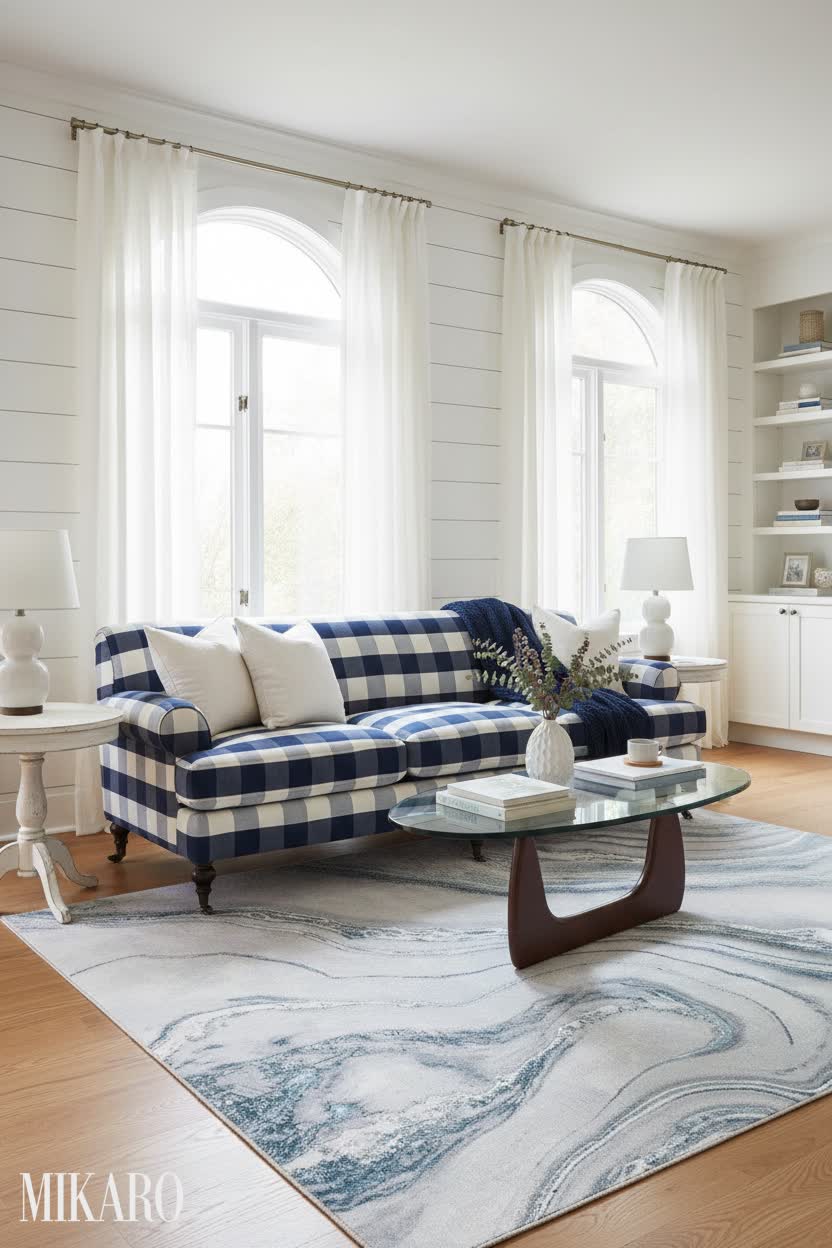 Hamptons: Blue Gingham & Marble Textures Living Room