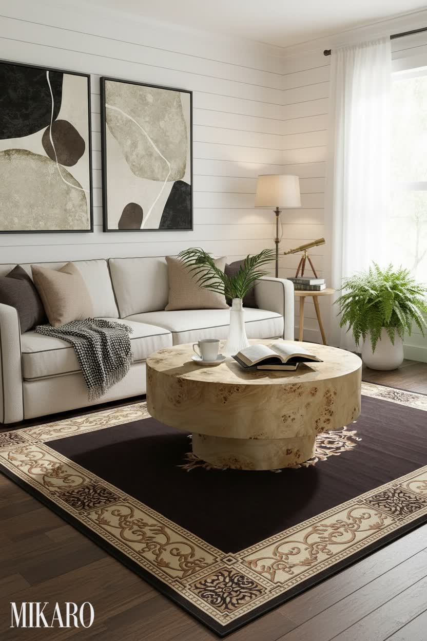 Hamptons: Burl Wood Elegance & Luxe Textures for Living Room