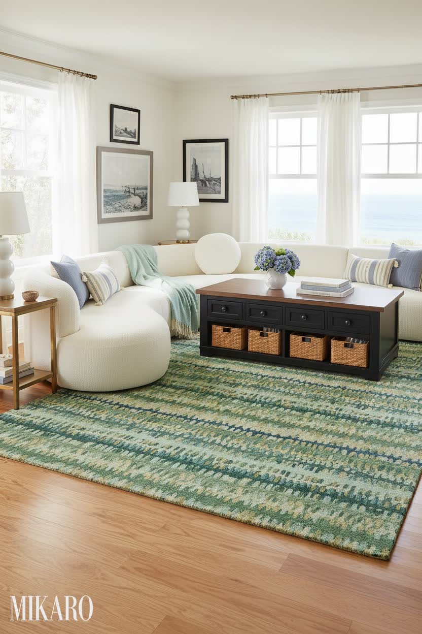 Hamptons Coastal Living Room: Boucle Sectional, Green Geometric Rug, Lift-Top Coffee Table