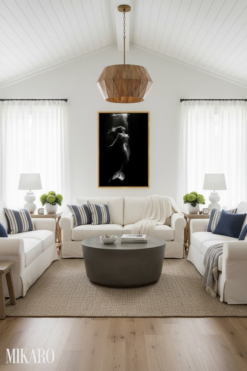 Hamptons Coastal Living Room: Concrete Coffee Table, Wood Pendant & Mermaid Art