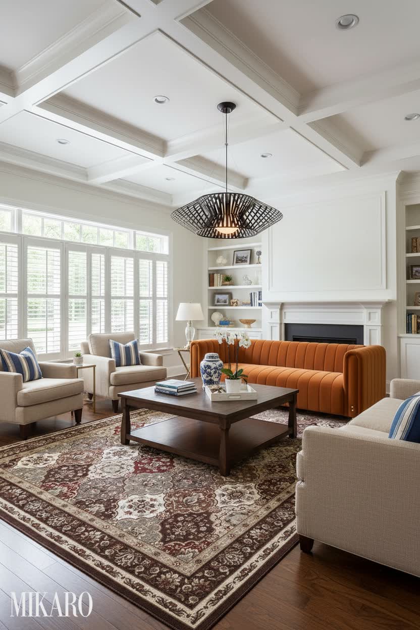 Hamptons Elegance: Orange Velvet Sofa, Classic Rug, & Modern Pendant in a Serene Living Room
