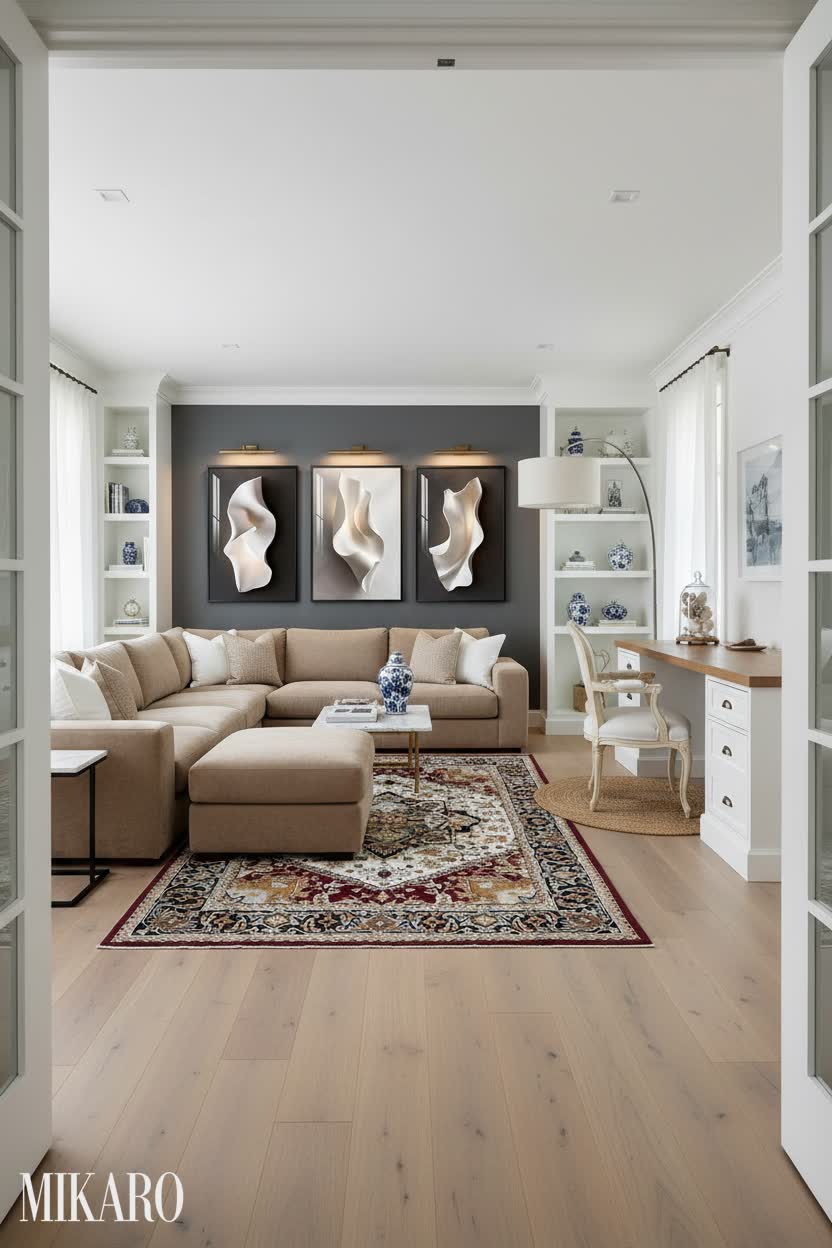 Hamptons: Elegant Cloffice Design with Modern Art and Traditional Rug