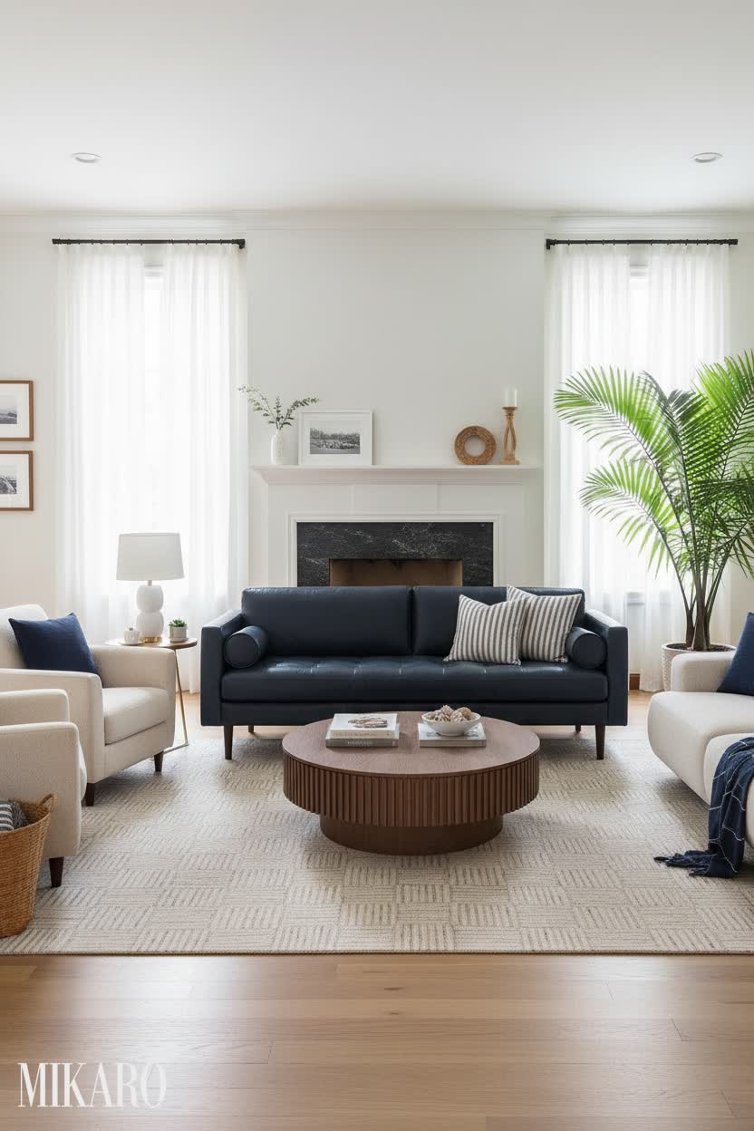 Hamptons Living Room: Midnight Blue Leather Sofa Ideas
