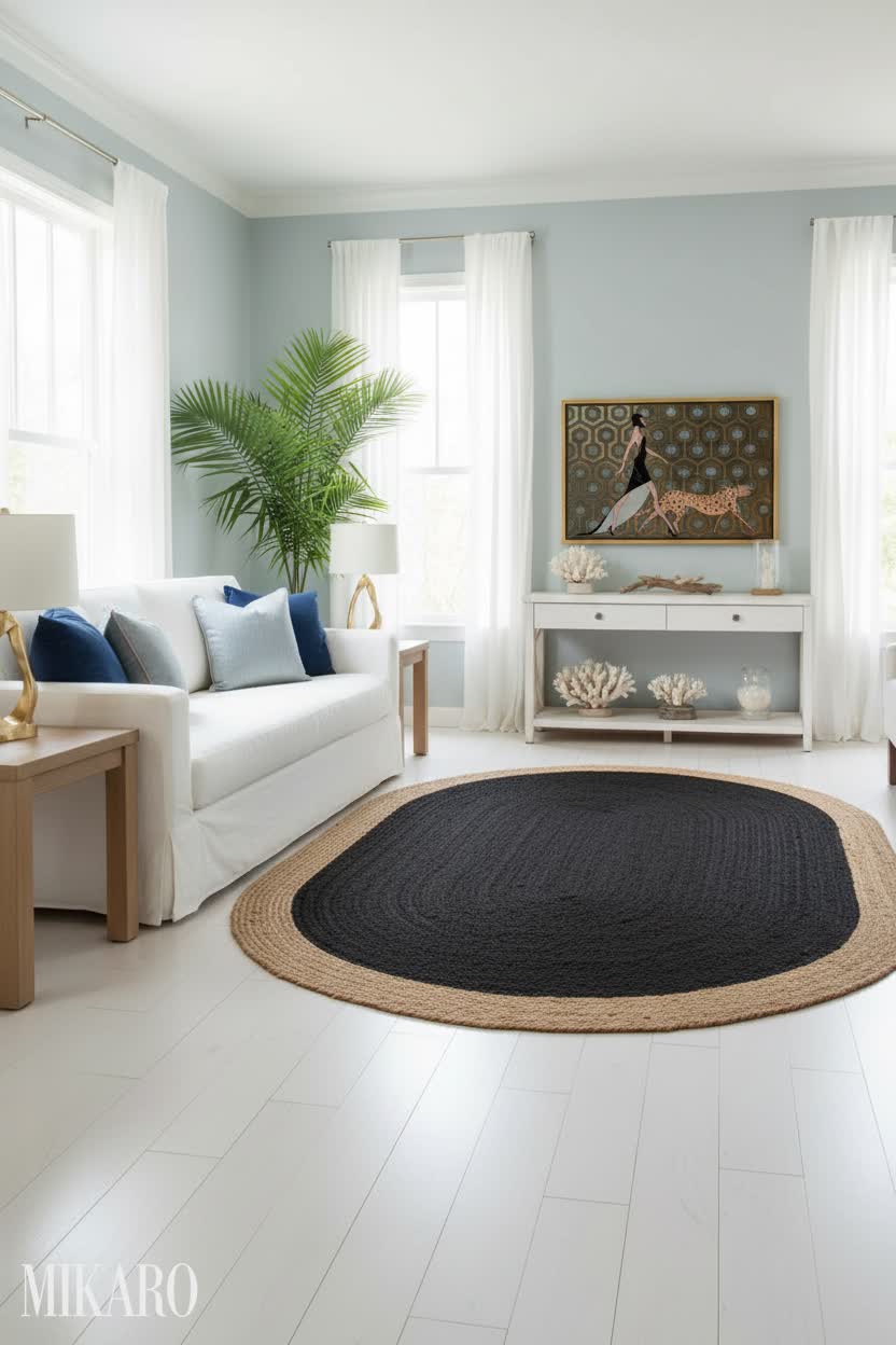 Hamptons Living Room Refresh: Jute Rug, Gold Lamp & Glam Art | Coastal Chic Home Decor Ideas