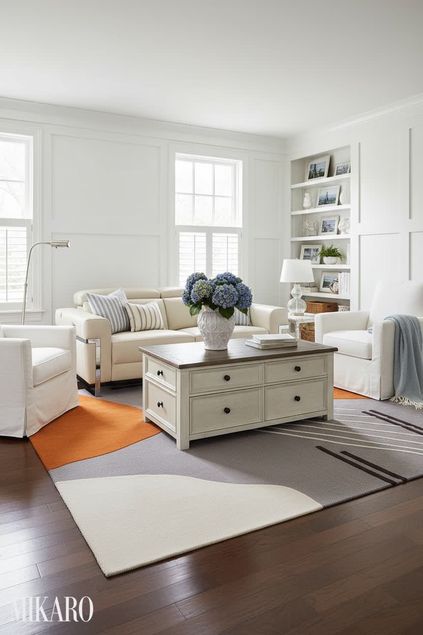 Hamptons Living Room with Leather Recliner Sofa, Modern Rug & Rustic Coffee Table