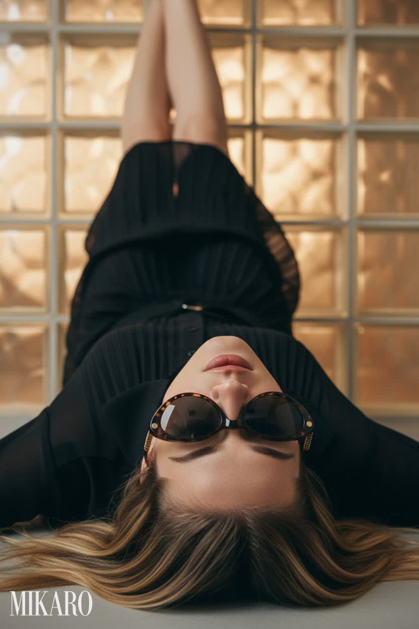 Oval sunglasses, pleated shirtdress, black, dark grey, gold, brown.