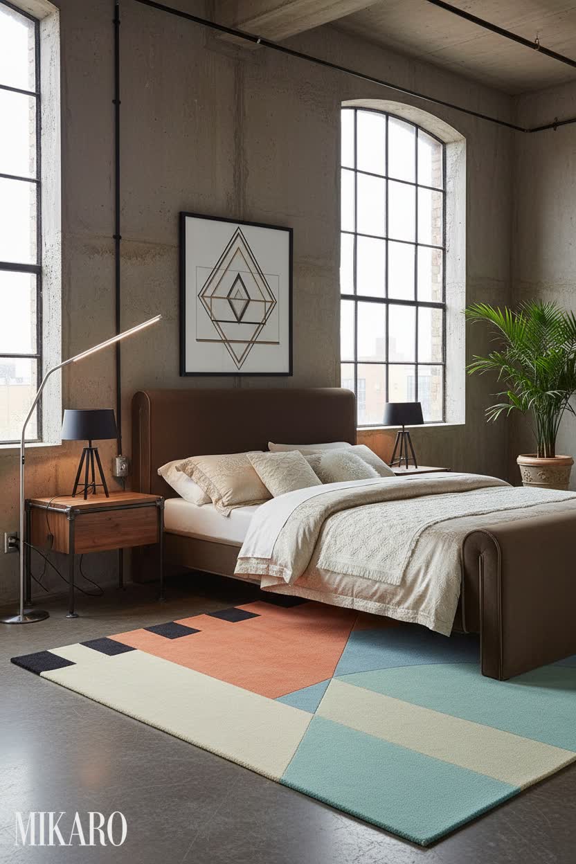 High-End Neo-Industrial Bedroom: Sloan Bed, Safavieh Rug, Daylight Lamp