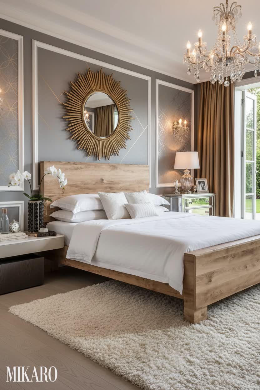 Hollywood Regency Bedroom: Rustic Bed Meets Glamour & Contemporary Coffee Table Chic