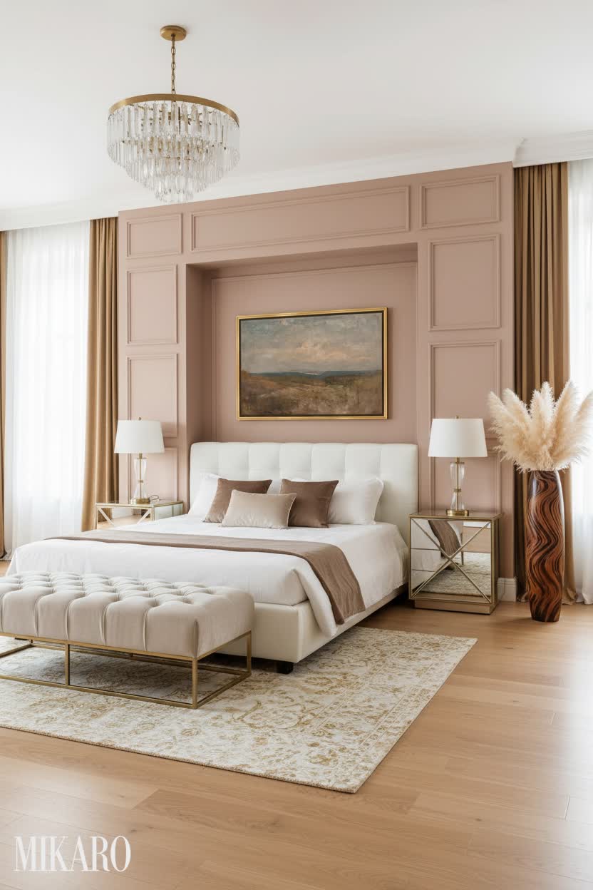 Hollywood Regency Bedroom: White Leather Bed & Recessed Niche