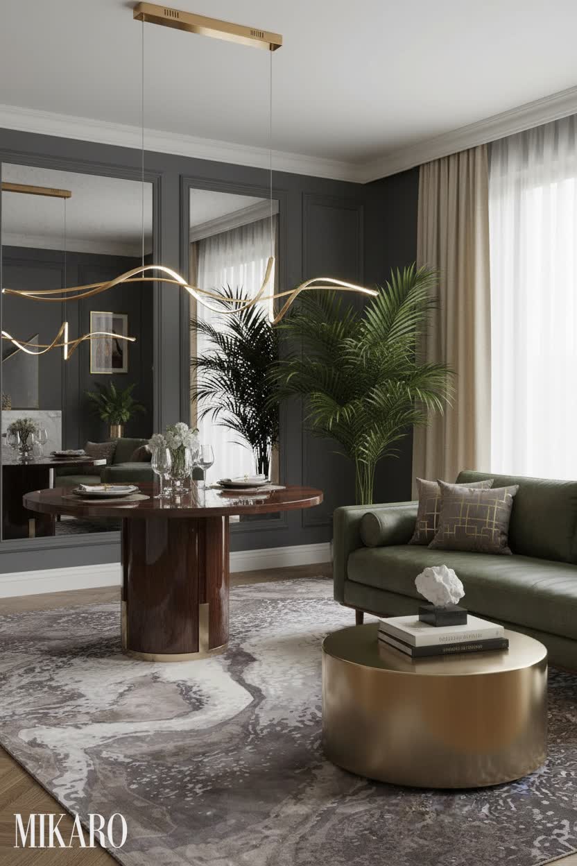 Hollywood Regency Dining & Living Room: Moss Green Sofa, Minimalist Chandelier, Geode Rug