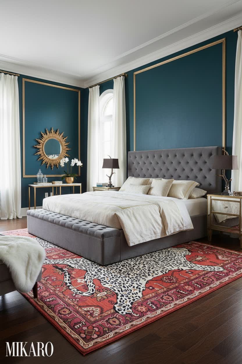 Hollywood Regency Glam Bedroom: Tufted Velvet Bed, Leopard Rug & Antler Lamp Luxury