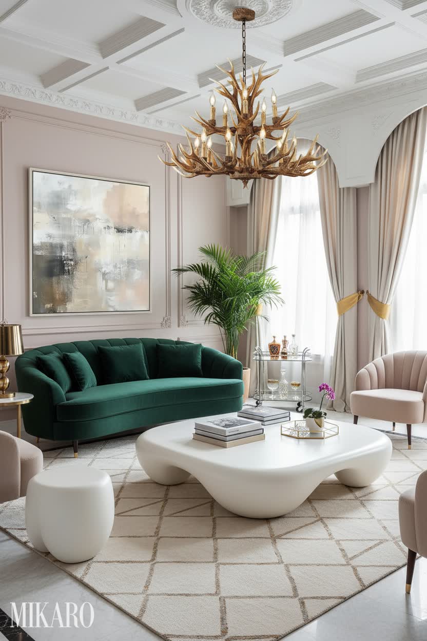 Hollywood Regency Glam Living Room: Antler Chandelier, Cloud Coffee Table, Abstract Art