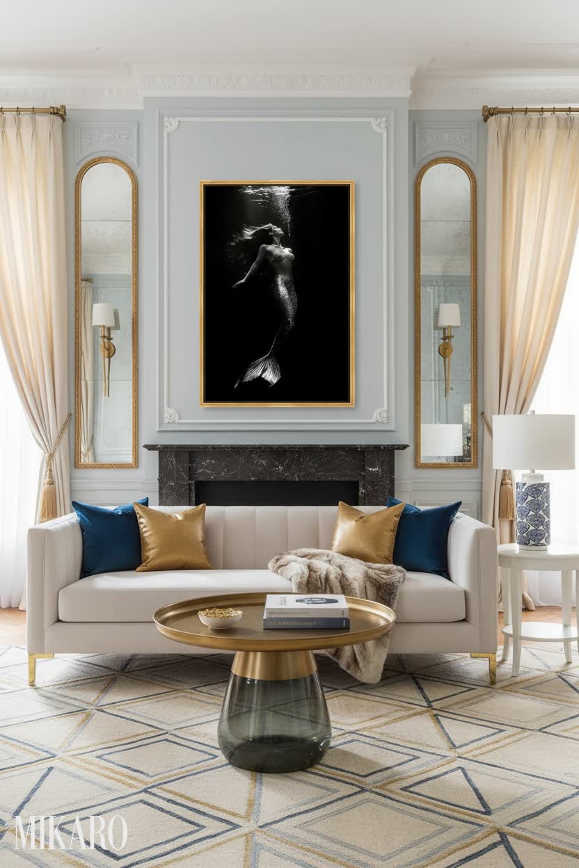 Hollywood Regency Glamour: Mermaid Art, Retro Coffee Table & Seashell Lamp for Luxe Living