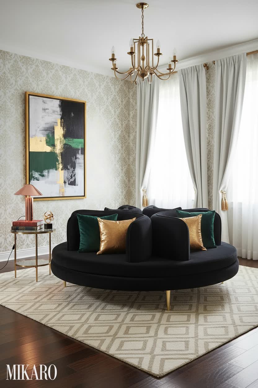Hollywood Regency Living Room: Black Velvet Sofa, Rose Gold Lamp & Abstract Art Inspiration